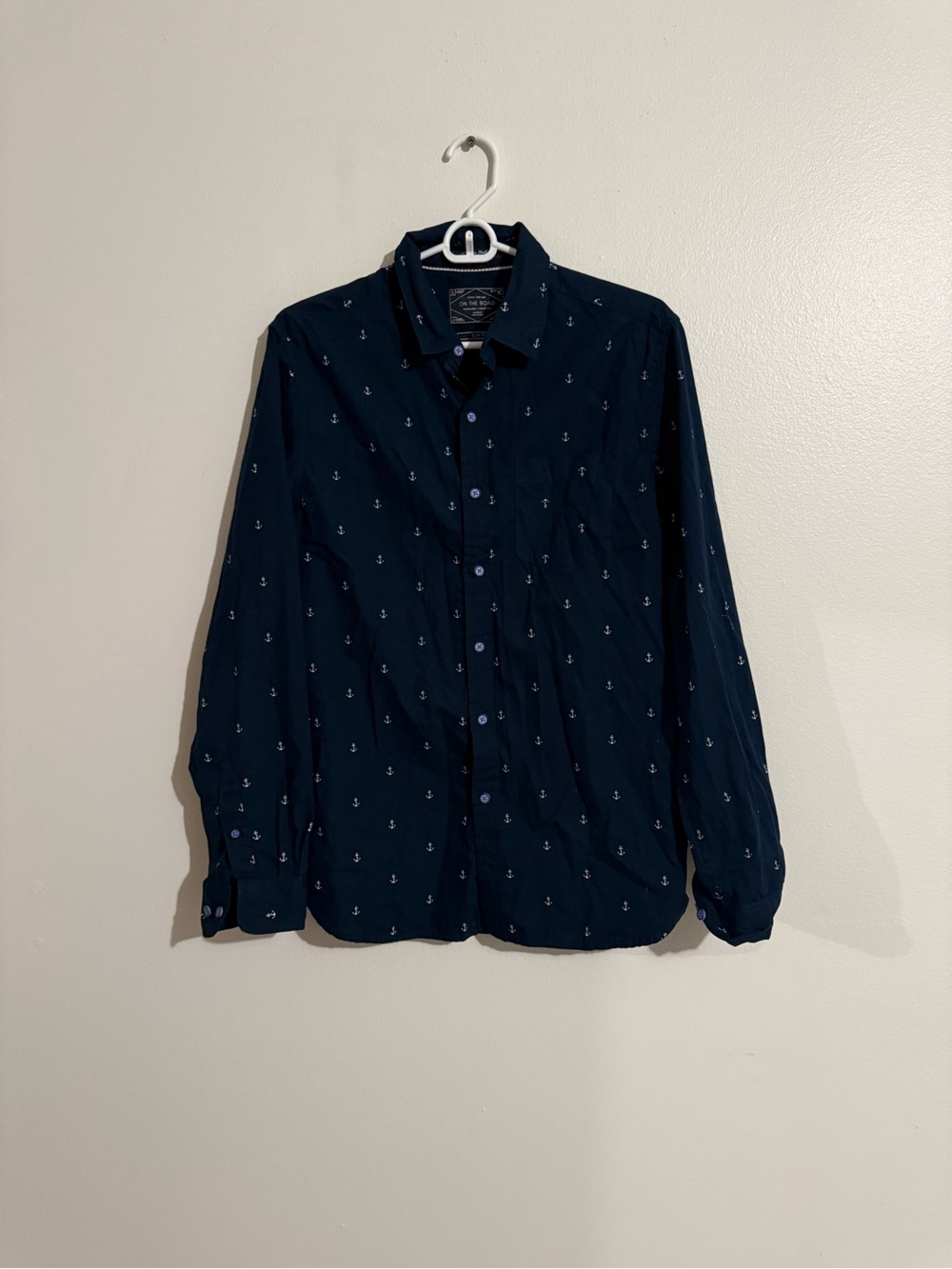 Navy blue Mens S On the Road button-up long sleeve shirt w white anchor pattern